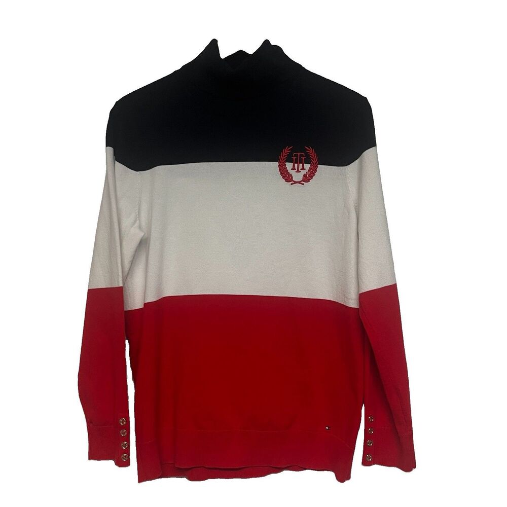 Tommy Hilfiger Womens Colorblock Turtleneck Knit  Sweater Size L Crest Preppy